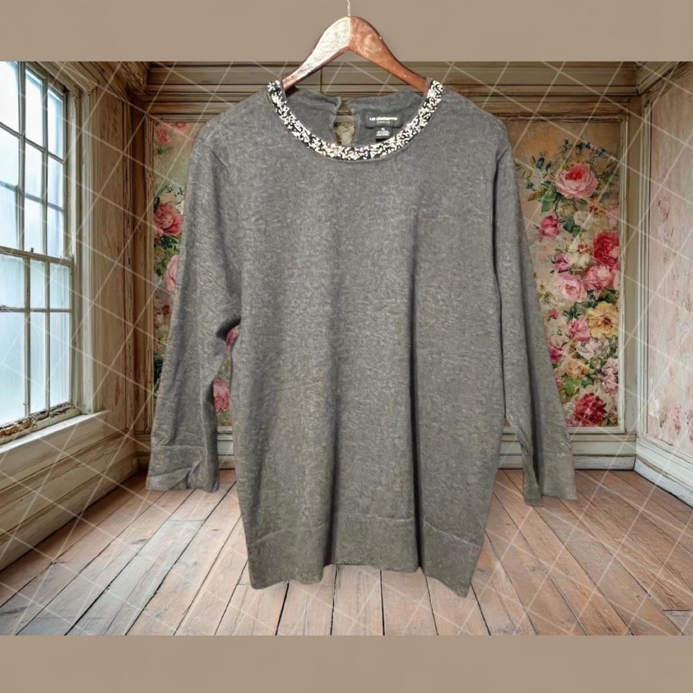 Liz Claiborne Embellished Neck Gray Sweater 3/4 Sleeve Soft Knit Top Size XL